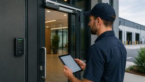Professional commercial access control installation showing a credential reader, electrified door hardware, controller, power supply, and complete controlled-door planning.
