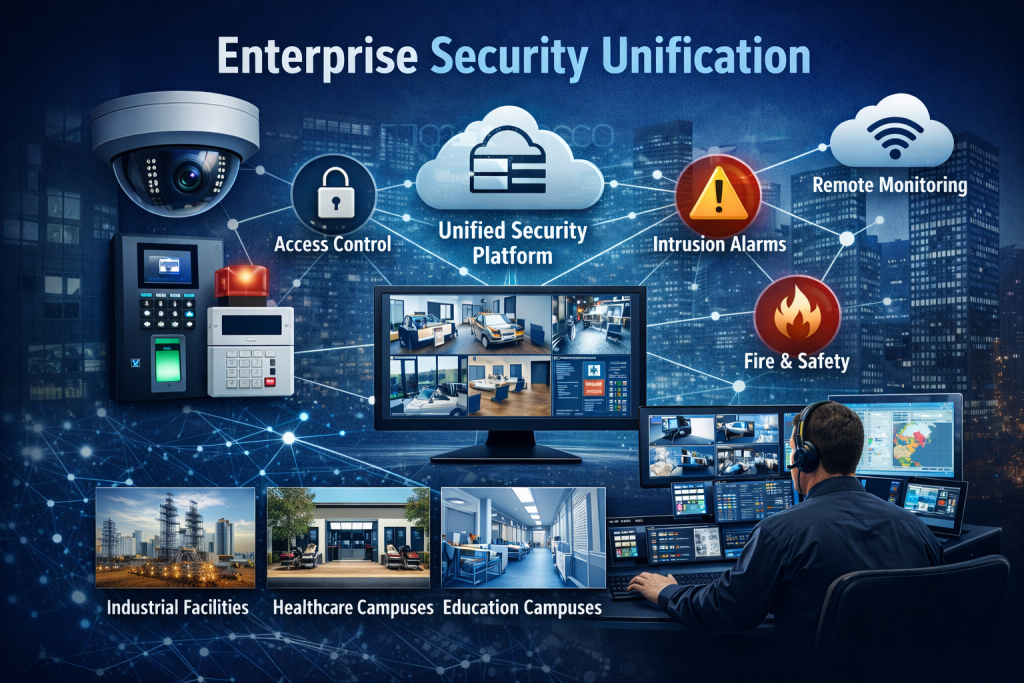 Unified commercial security system connecting video surveillance, access control, intrusion alarms, intercoms, monitoring, analytics, and centralized multi-site management.