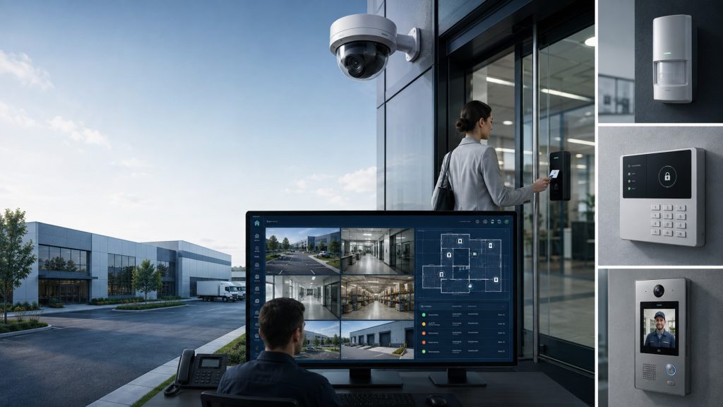 Commercial security systems working together through a centralized platform, including video surveillance, access control, intrusion alarms, intercoms, event monitoring, and multi-site management.