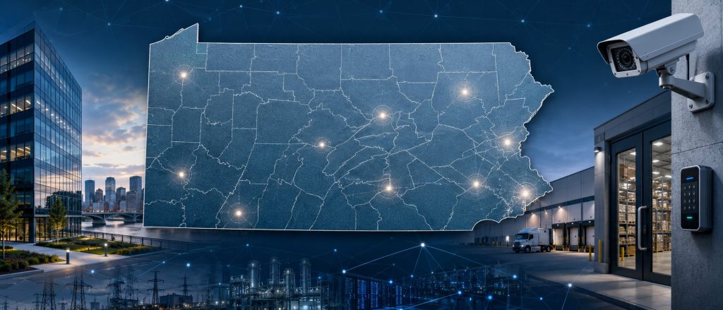 Commercial security planning for Pennsylvania businesses, including video surveillance, access control, intrusion alarms, fire alarm systems, monitoring, intercoms, and network infrastructure.