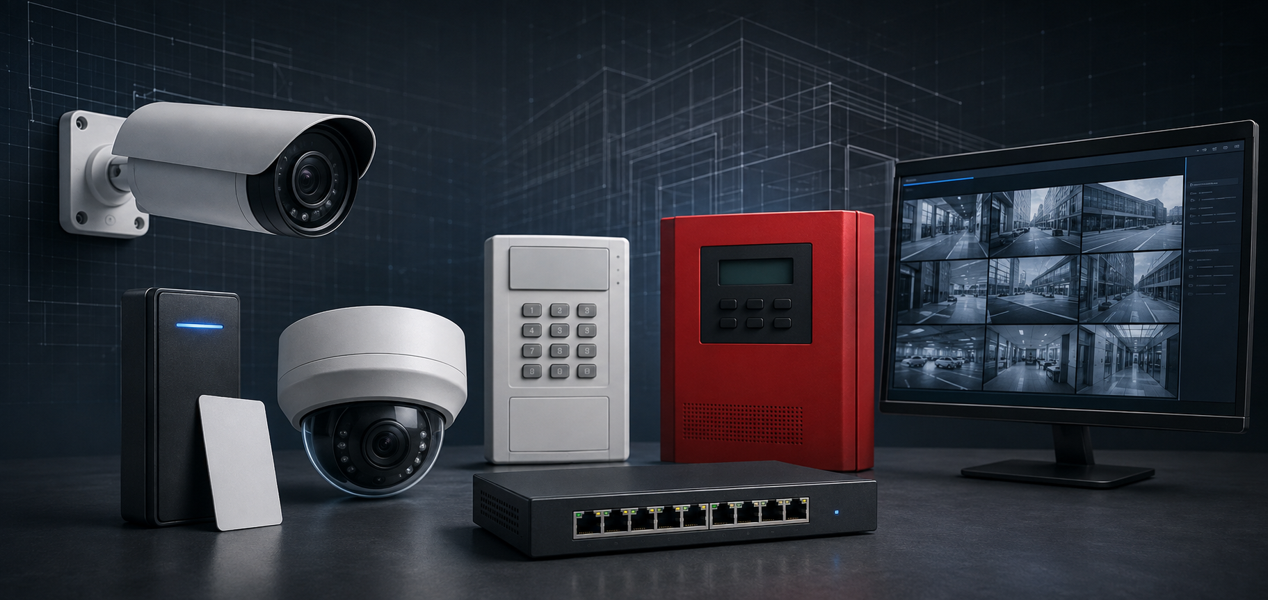 Commercial security equipment for video surveillance, access control, alarms, networking, and monitoring